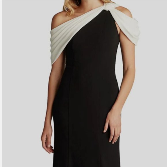 TADSHI SHOJI COPLEY ONE SHOULDER DRAPE CREPE BLACK/OFF WHITE BODY-CON GOWN XL - Picture 1 of 4